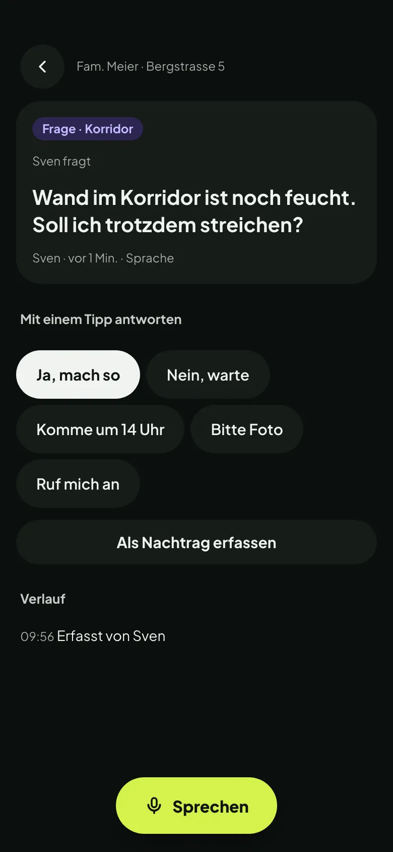 Frage von Sven bei Marco mit Kurzantworten wie «Ja, mach so» und «Nein, warte»