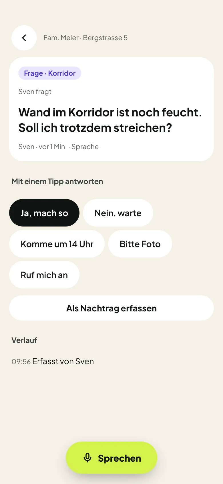 Frage von Sven bei Marco mit Kurzantworten wie «Ja, mach so» und «Nein, warte»