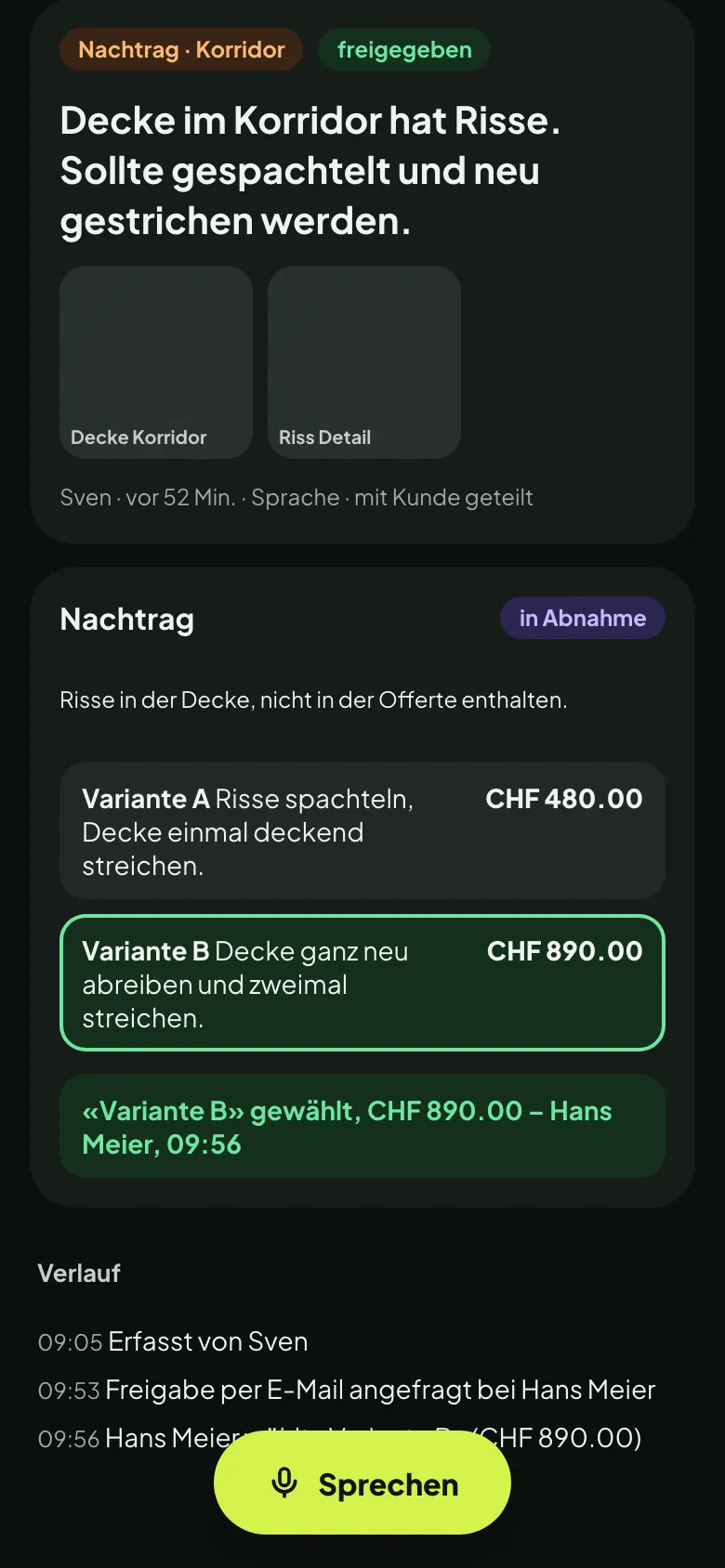 Nachtrag mit zwei Varianten im Projekt, Variante B von Hans Meier freigegeben, mit Preis und Zeit