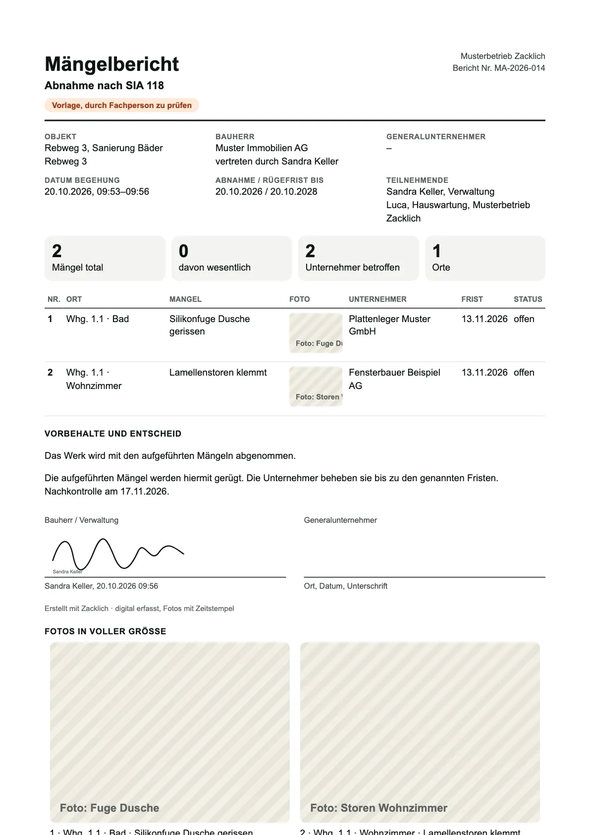 Erste Seite: Mängelbericht (Beispiel)