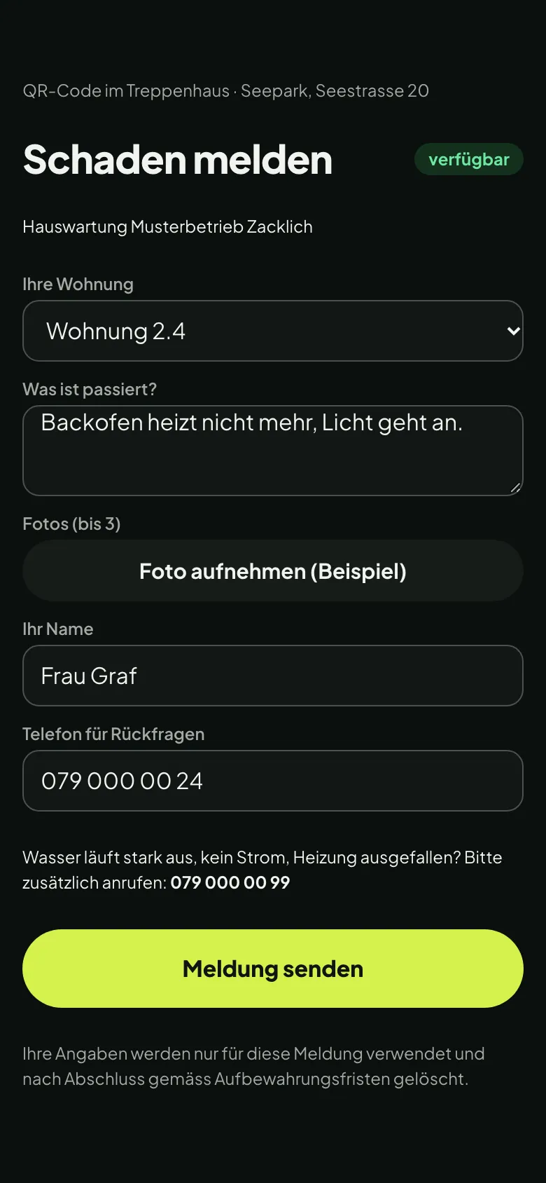 Meldeseite hinter dem QR-Code: Wohnung, Beschreibung, Foto und Name, ohne App und ohne Login