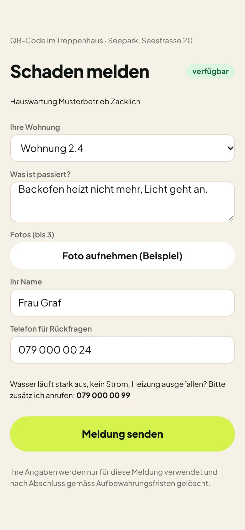 Meldeseite hinter dem QR-Code: Wohnung, Beschreibung, Foto und Name, ohne App und ohne Login