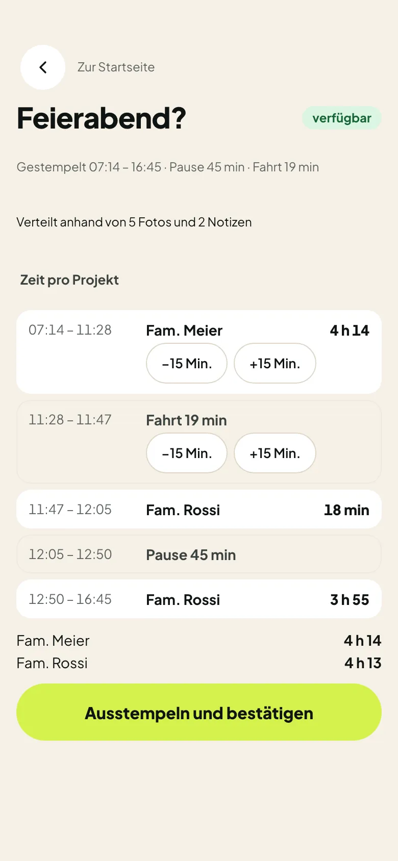 Tagesrückblick: die gestempelte Zeit verteilt auf Fam. Meier und Fam. Rossi, mit Fahrt und Pause